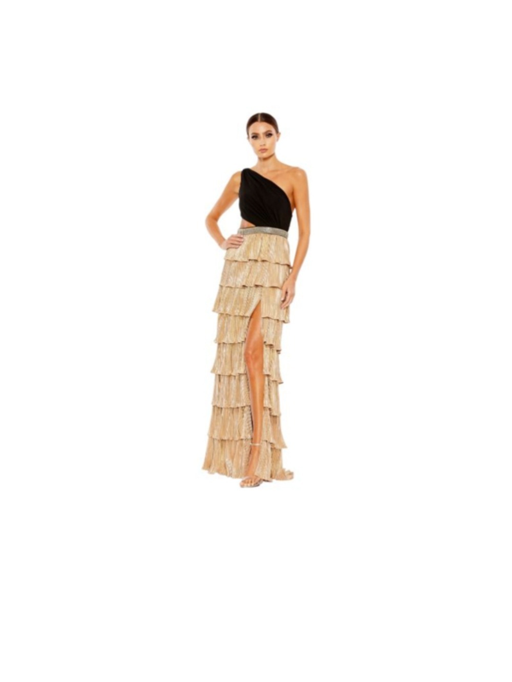 Mac Duggal One Shoulder Gold & Black Tiered Gown, Size 10 - Picture 5 of 17